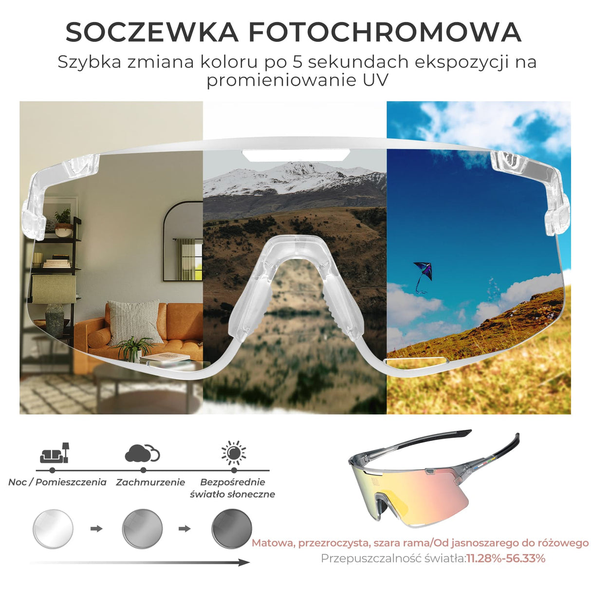 ROCKBROS Okulary Fotochromowe/ Polaryzacyjne 3 pary soczewek wymiennych, ochrona UV-Jasnosrebrny