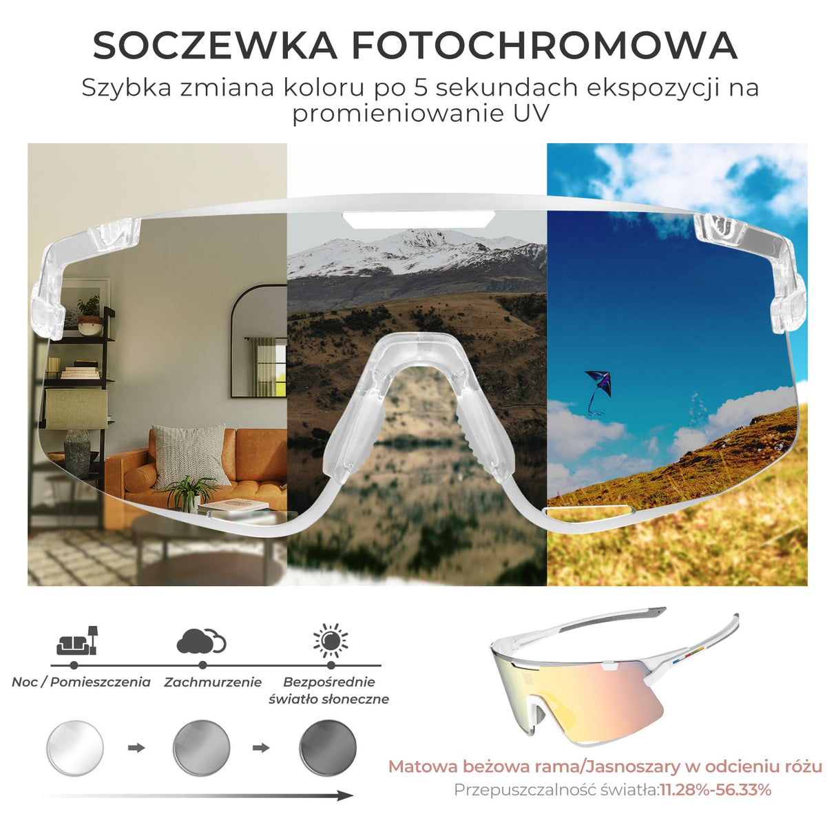 ROCKBROS Okulary Fotochromowe/ Polaryzacyjne 3 pary soczewek wymiennych, ochrona UV-Rozowy