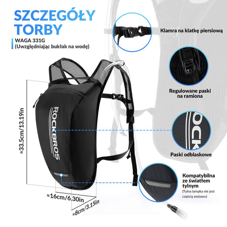 ROCKBROS Plecak Wodoodporny  Wbudowany 2L Worek Na Wodę do Biegania Roweru i Wędrówek