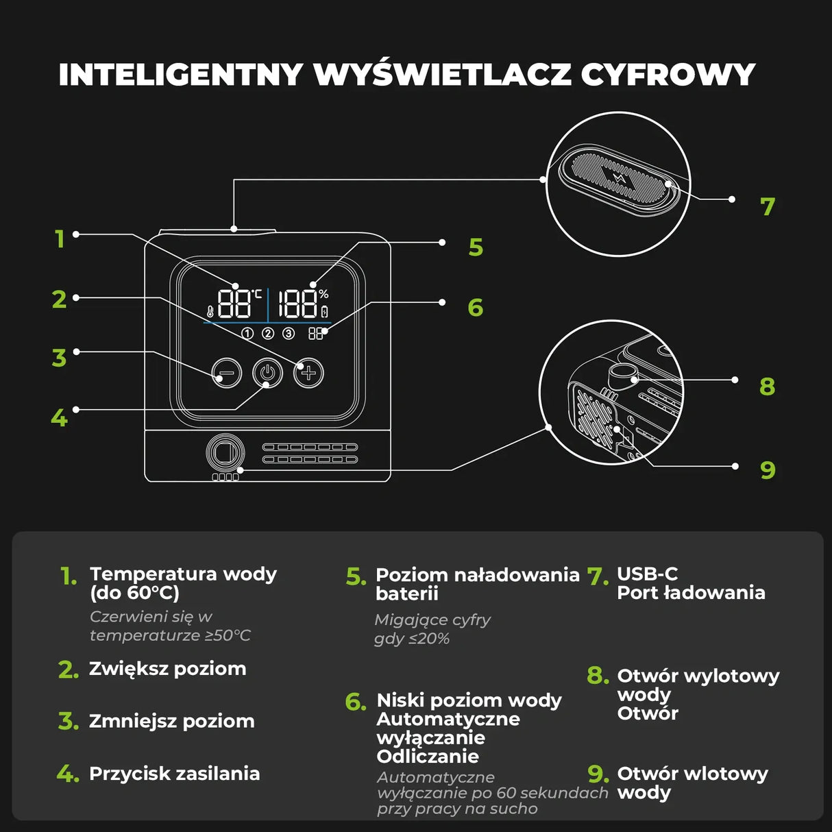 Qunature Przenośny Prysznic Turystyczny z Ekran LED