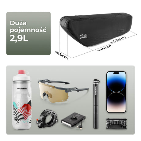 ROCKBROS Torba na Ramę Roweru 2,9L Wodoodporna i Odporna na Zużycie z Zamkiem Błyskawicznym