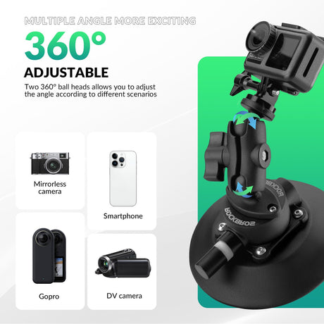 ROCKBROS ROCKBROS Uchwyt do Kamer Sportowych Samochodowy na Przyssawkę z Pompką i Stojak na Aparat Ruchową Akcesoria do Kamery Akcji Magic Arm do DJI OSMO, GoPro Hero 11/10/9/8 MAX, Nikon, Sony Uchwyty na licznik