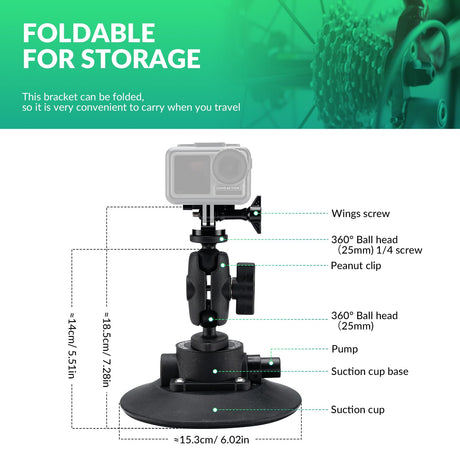 ROCKBROS ROCKBROS Uchwyt do Kamer Sportowych Samochodowy na Przyssawkę z Pompką i Stojak na Aparat Ruchową Akcesoria do Kamery Akcji Magic Arm do DJI OSMO, GoPro Hero 11/10/9/8 MAX, Nikon, Sony Uchwyty na licznik