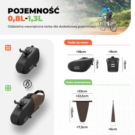 ROCKBROS Wodoodporna Torba Podsiodłowa Rowerowa 0,8–1,3 L z Wkładem, Rozszerzalna do MTB i Rowerów Szosowych