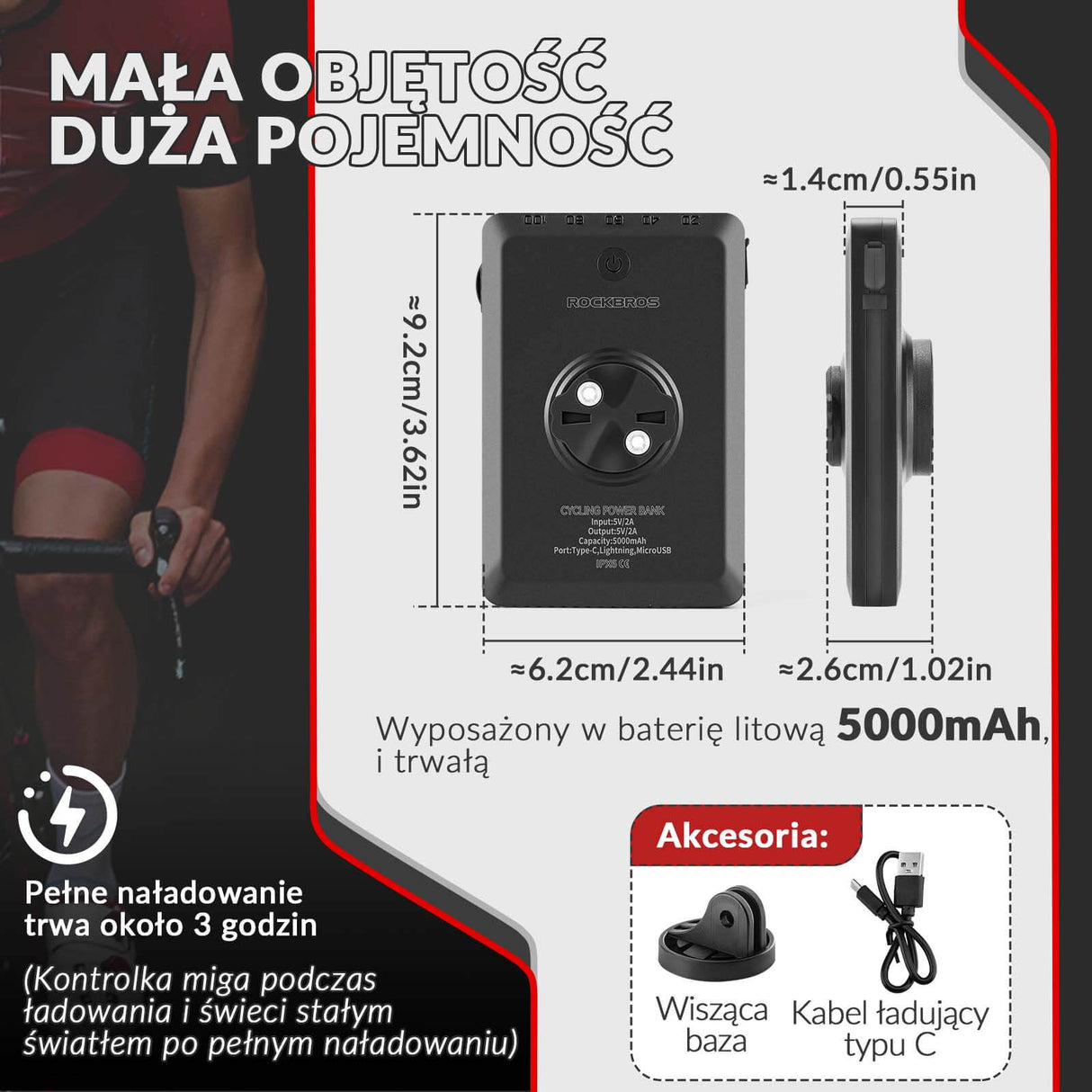 ROCKBROS Lampa Rowerowa LED 5000mAh Powerbankiem Reflektor Wodoodporna 4 Tryby