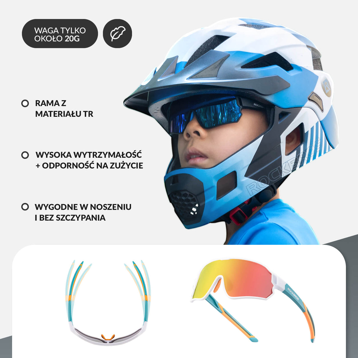 ROCKBROS Okulary Rowerowe Dziecięce Polaryzacyjne Ochrona UV400-Biały