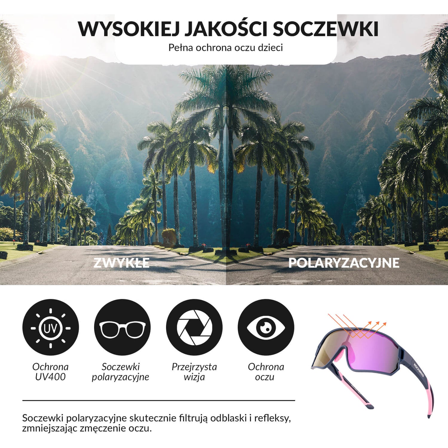 ROCKBROS Okulary Rowerowe Dziecięce Polaryzacyjne Ochrona UV400-Fioletowy
