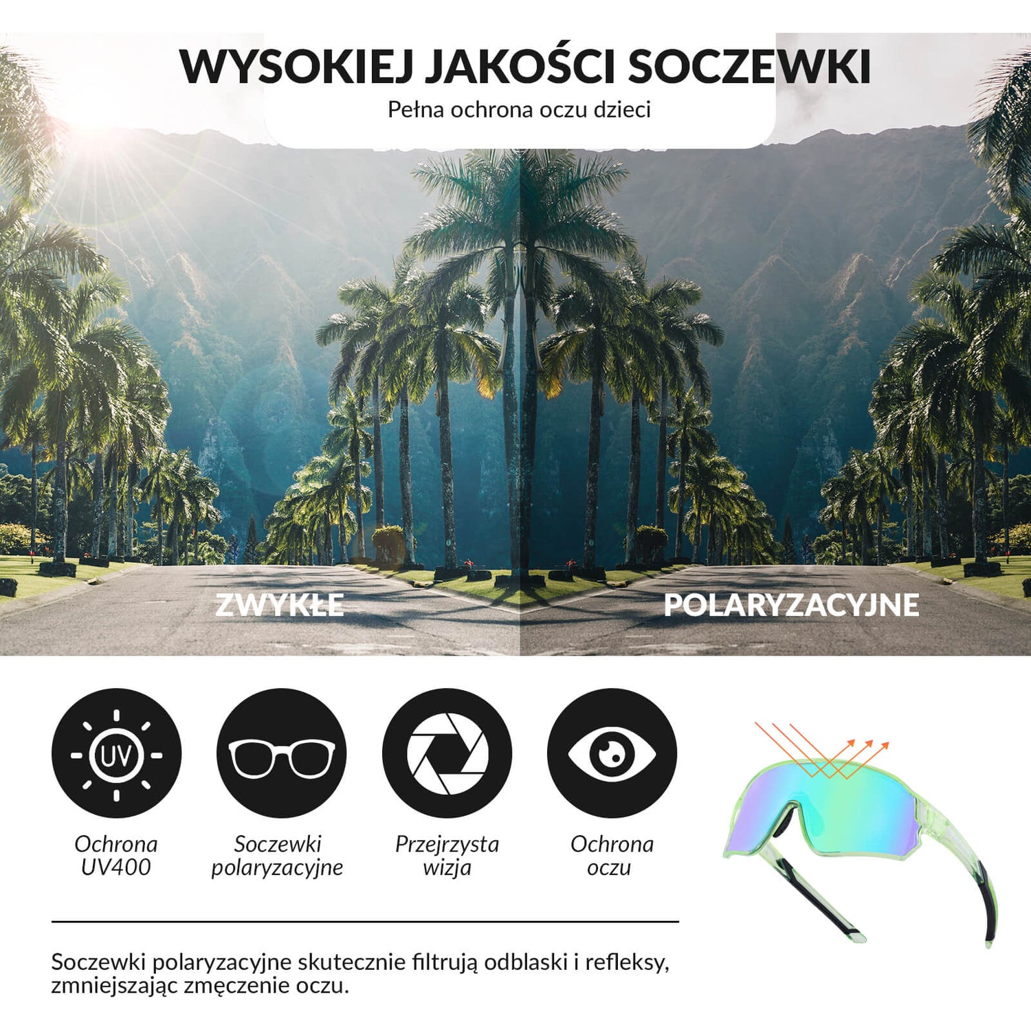 ROCKBROS Okulary Rowerowe Dziecięce Polaryzacyjne Ochrona UV400-Przezroczysty Zielony