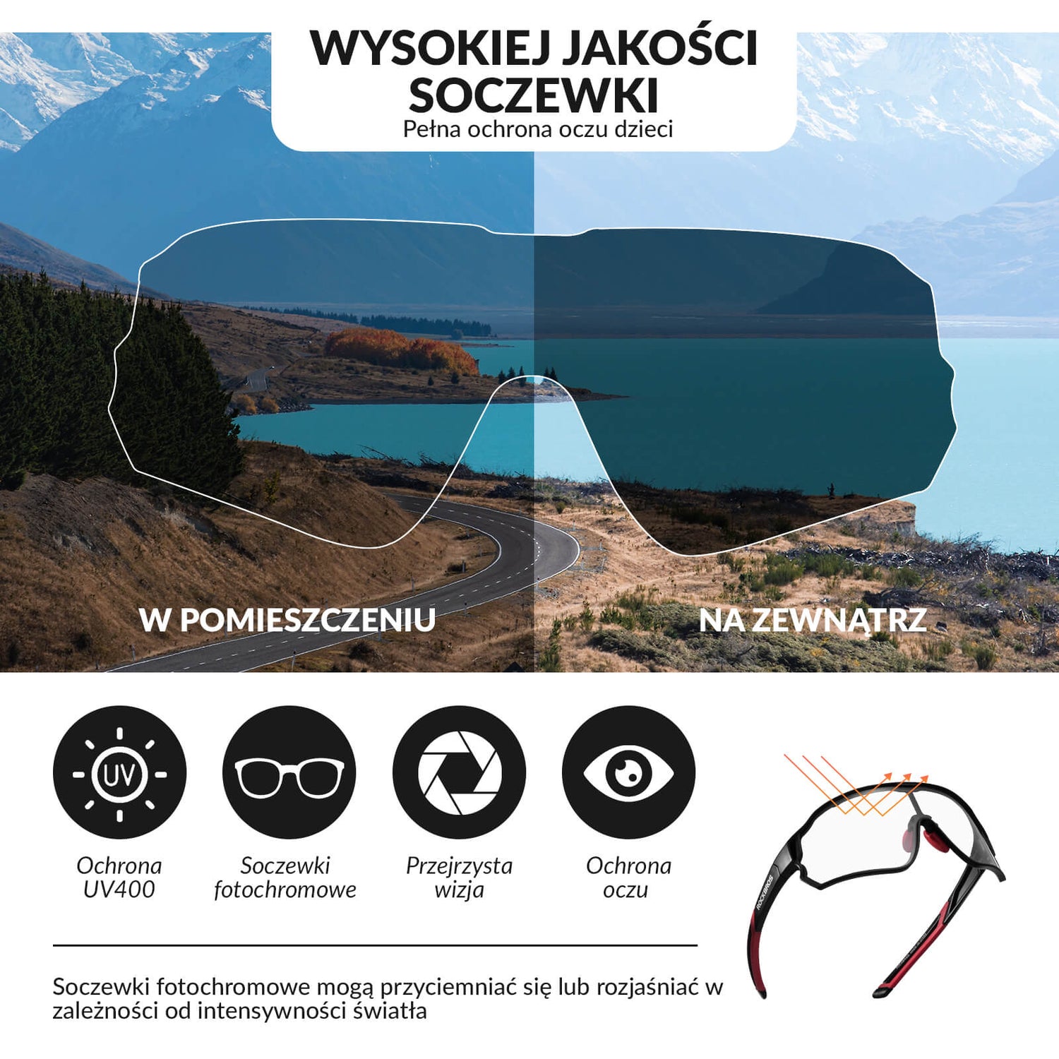ROCKBROS Okulary Rowerowe Dziecięce Samoprzyciemniające Ochrona UV400- Czarno-czerwony