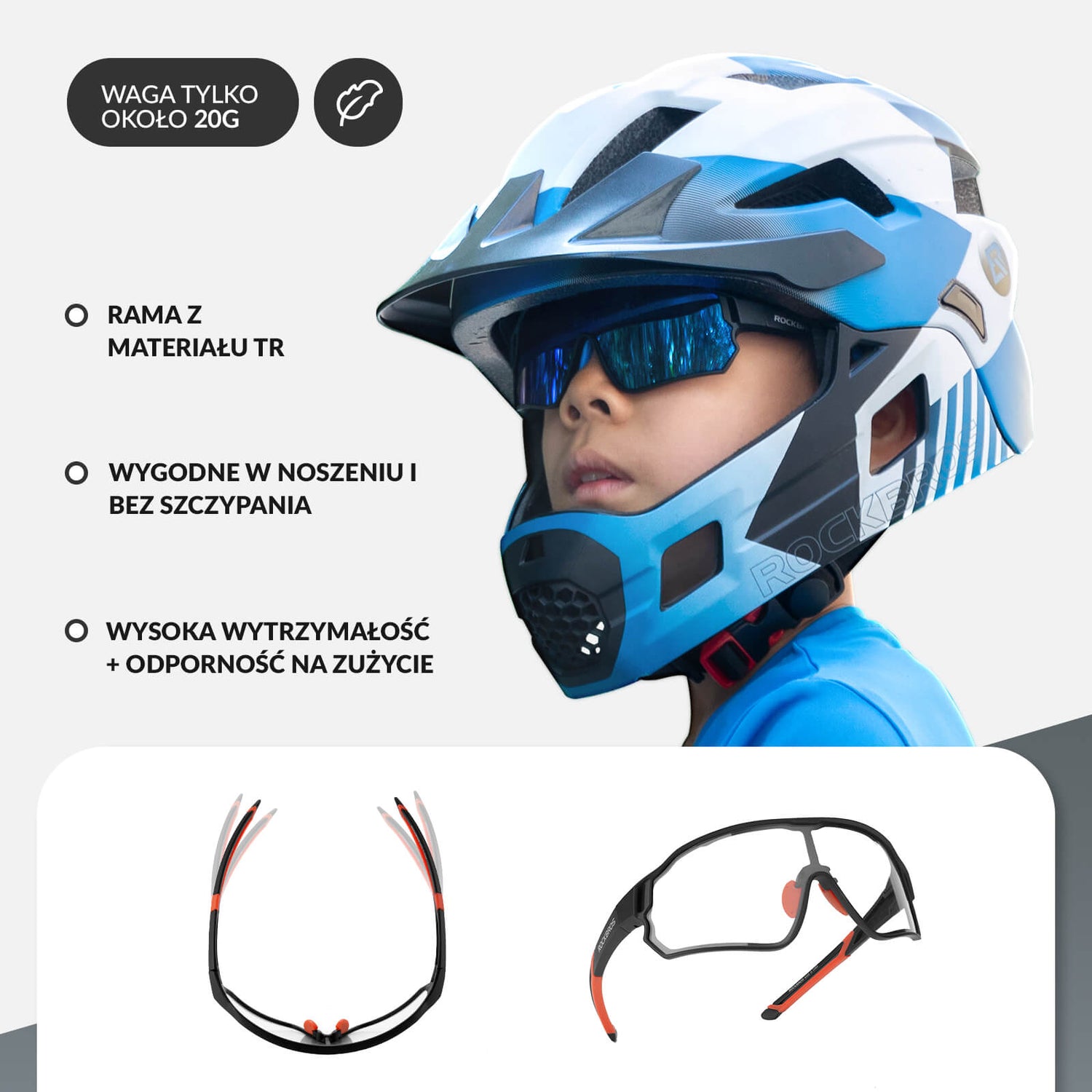ROCKBROS Okulary Rowerowe Dziecięce Samoprzyciemniające Ochrona UV400- Czarno-czerwony