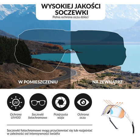 ROCKBROS Okulary Rowerowe Dziecięce Samoprzyciemniające Ochrona UV400-biały w czarne kropki