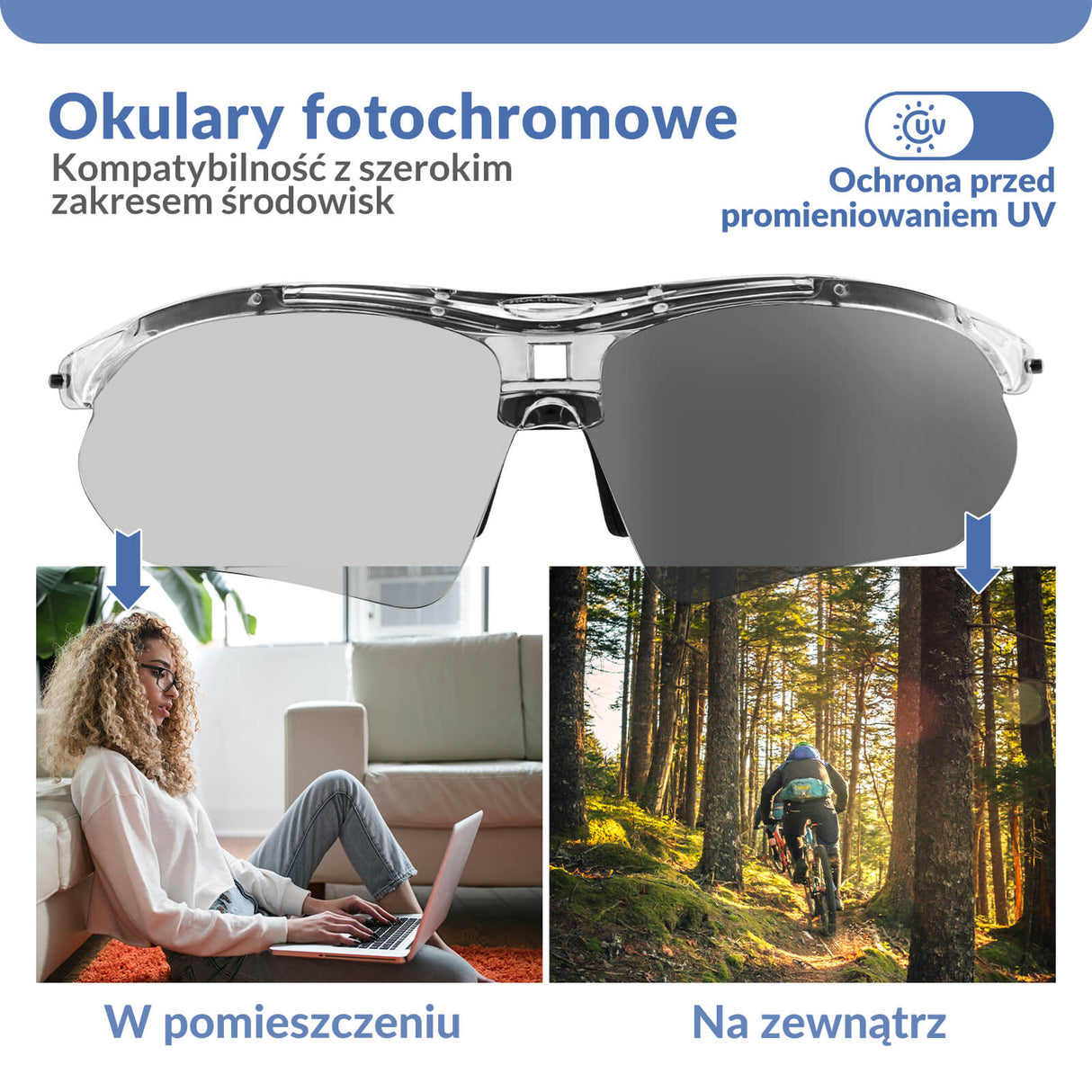 ROCKBROS Okulary Rowerowe Fotochromowe UV400 Unisex Różowy/Niebieski/Przezroczysty-Przezroczysty