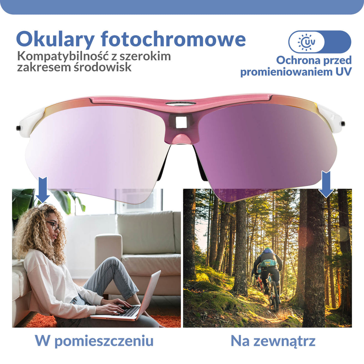 ROCKBROS Okulary Rowerowe Fotochromowe UV400 Unisex Różowy/Niebieski/Przezroczysty-Różowy