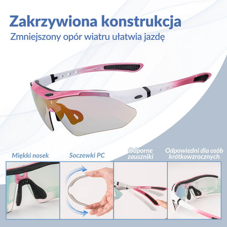 ROCKBROS Okulary Rowerowe Fotochromowe UV400 Unisex Różowy/Niebieski/Przezroczysty-Różowy