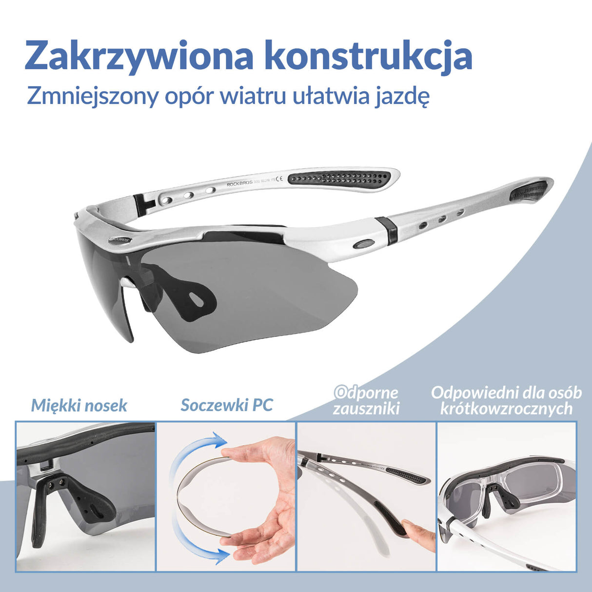 ROCKBROS Okulary Rowerowe Fotochromowe lub Polaryzacyjne UV400 Unisex Srebrny