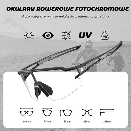 ROCKBROS Okulary Rowerowe UV400 Fotochromowe Przeciwsłoneczne Wiatroszczelne Czarny