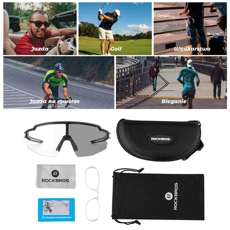 ROCKBROS Okulary Rowerowe UV400 Fotochromowe Przeciwsłoneczne Wiatroszczelne Czarny