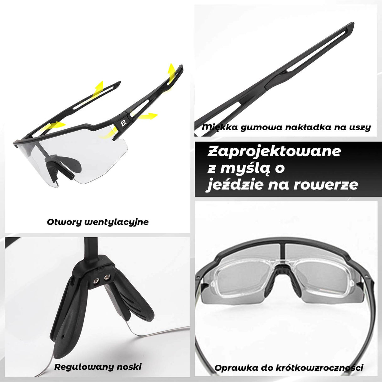 ROCKBROS Okulary Rowerowe UV400 Fotochromowe Przeciwsłoneczne Wiatroszczelne Czarny