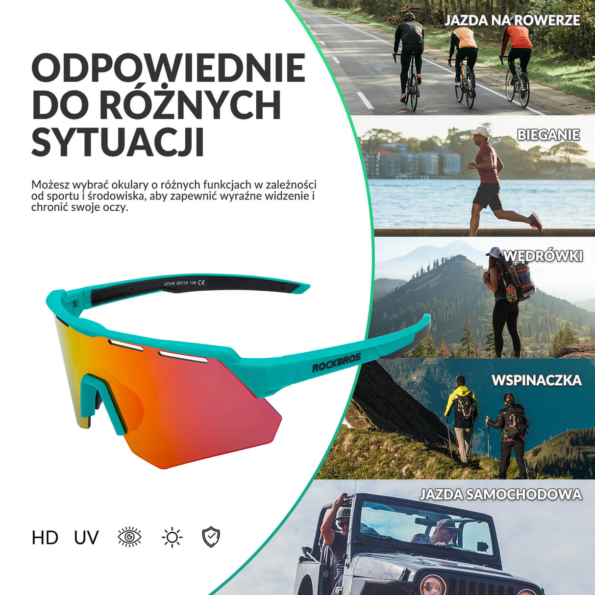 ROCKBROS Polaryzacyjne Okulary Rowerowe z 4 Wymiennymi Soczewkami Unisex-Zielen