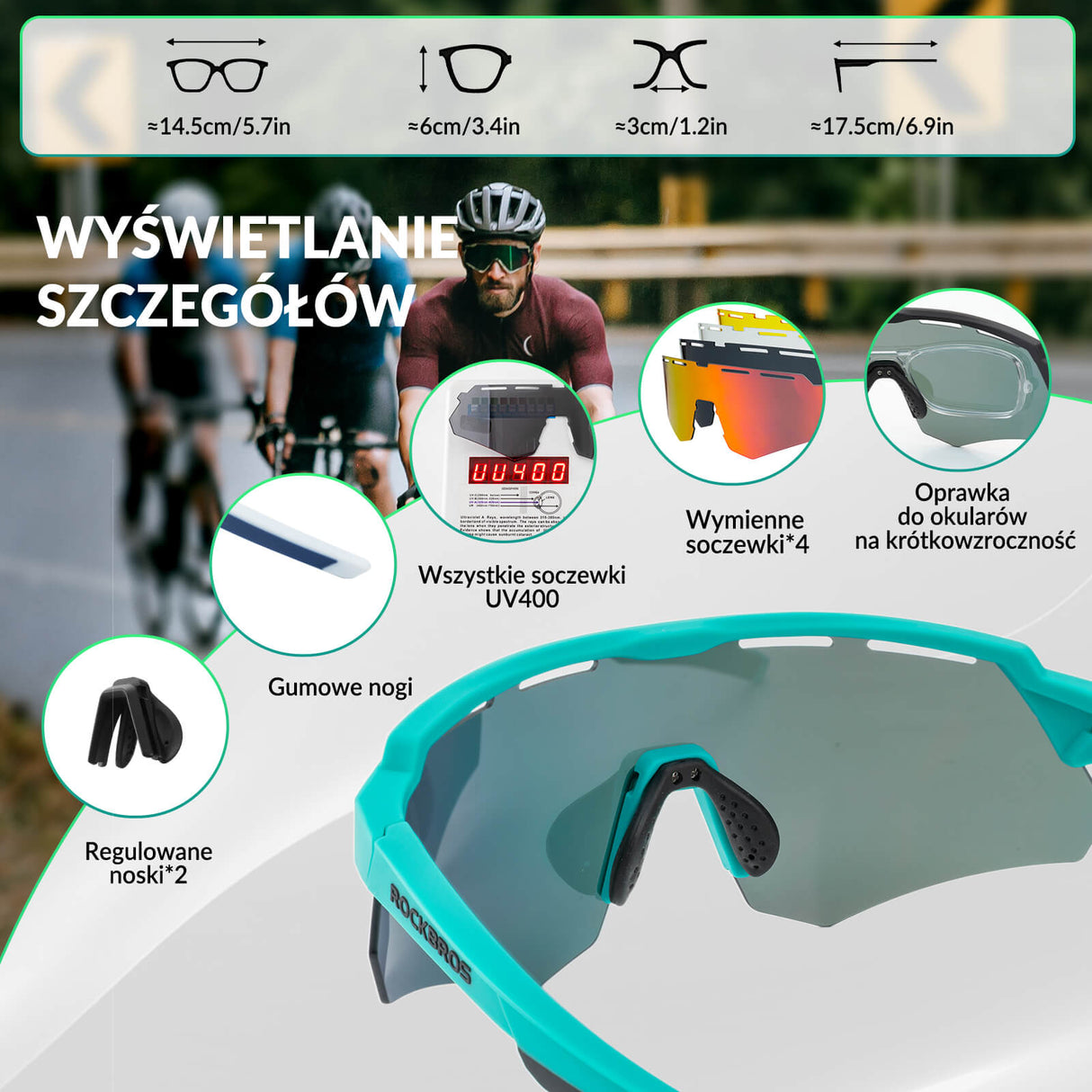 ROCKBROS Polaryzacyjne Okulary Rowerowe z 4 Wymiennymi Soczewkami Unisex-Zielen