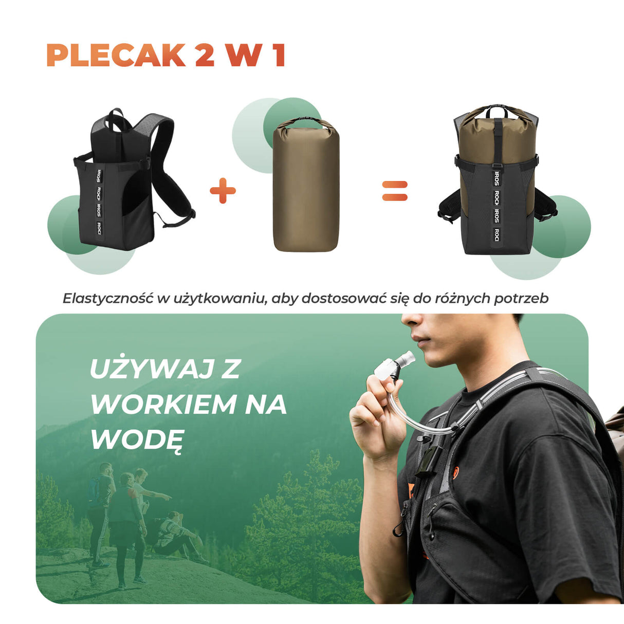 ROCKBROS Plecak turystyczny 24L, 2 w 1 wodoodporny plecak rowerowy, plecak trekkingowy, plecak sportowy dla mężczyzn i kobiet, piesze wycieczki na świeżym powietrzu, podróże, kemping