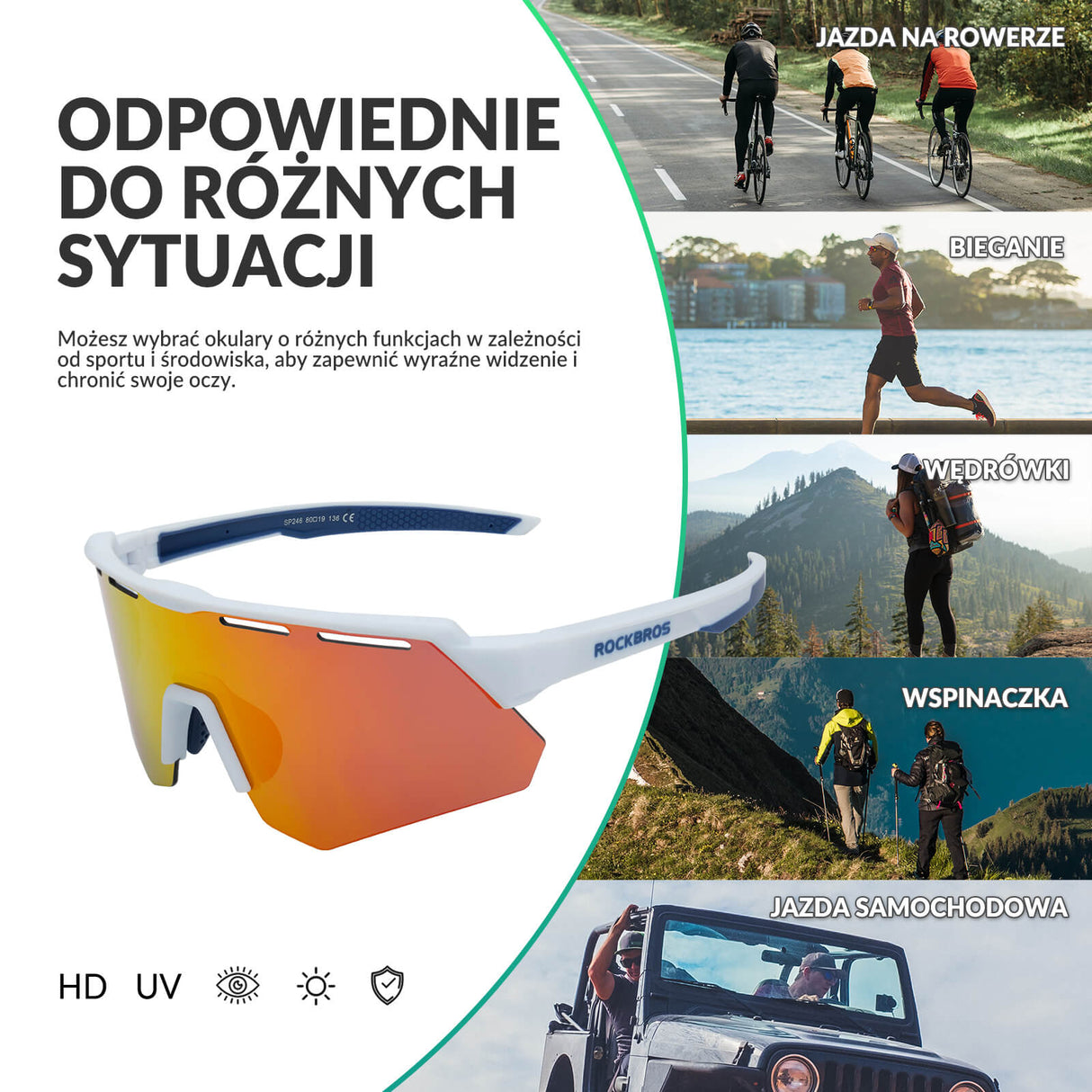 ROCKBROS Polaryzacyjne Okulary Rowerowe z 4 Wymiennymi Soczewkami Unisex-Biaty