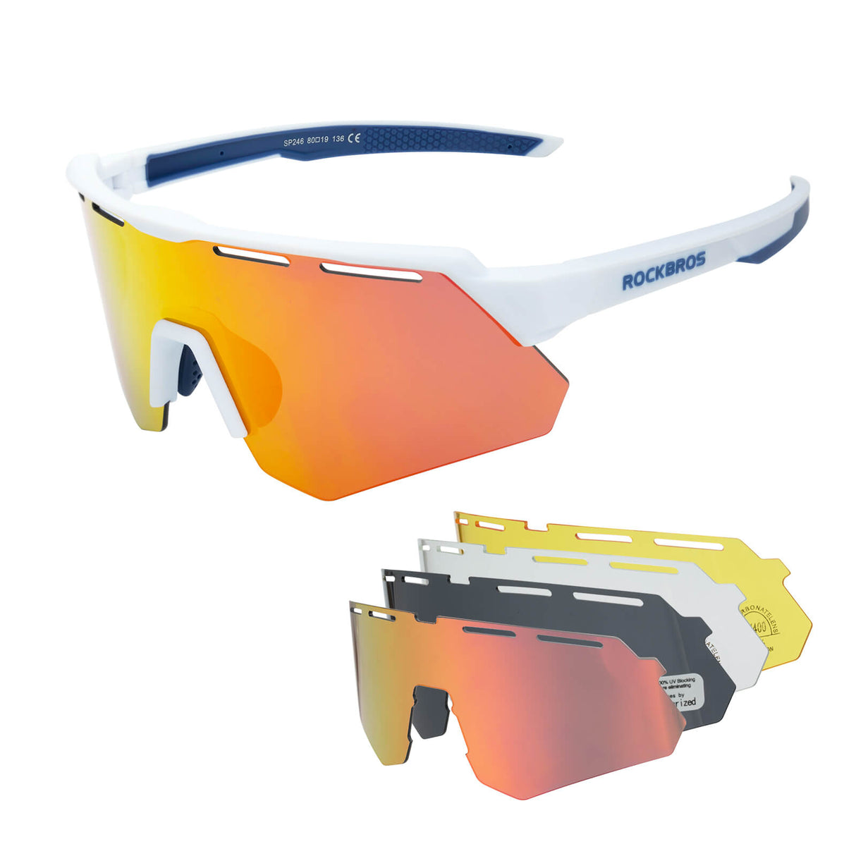 ROCKBROS Polaryzacyjne Okulary Rowerowe z 4 Wymiennymi Soczewkami Unisex-Biaty