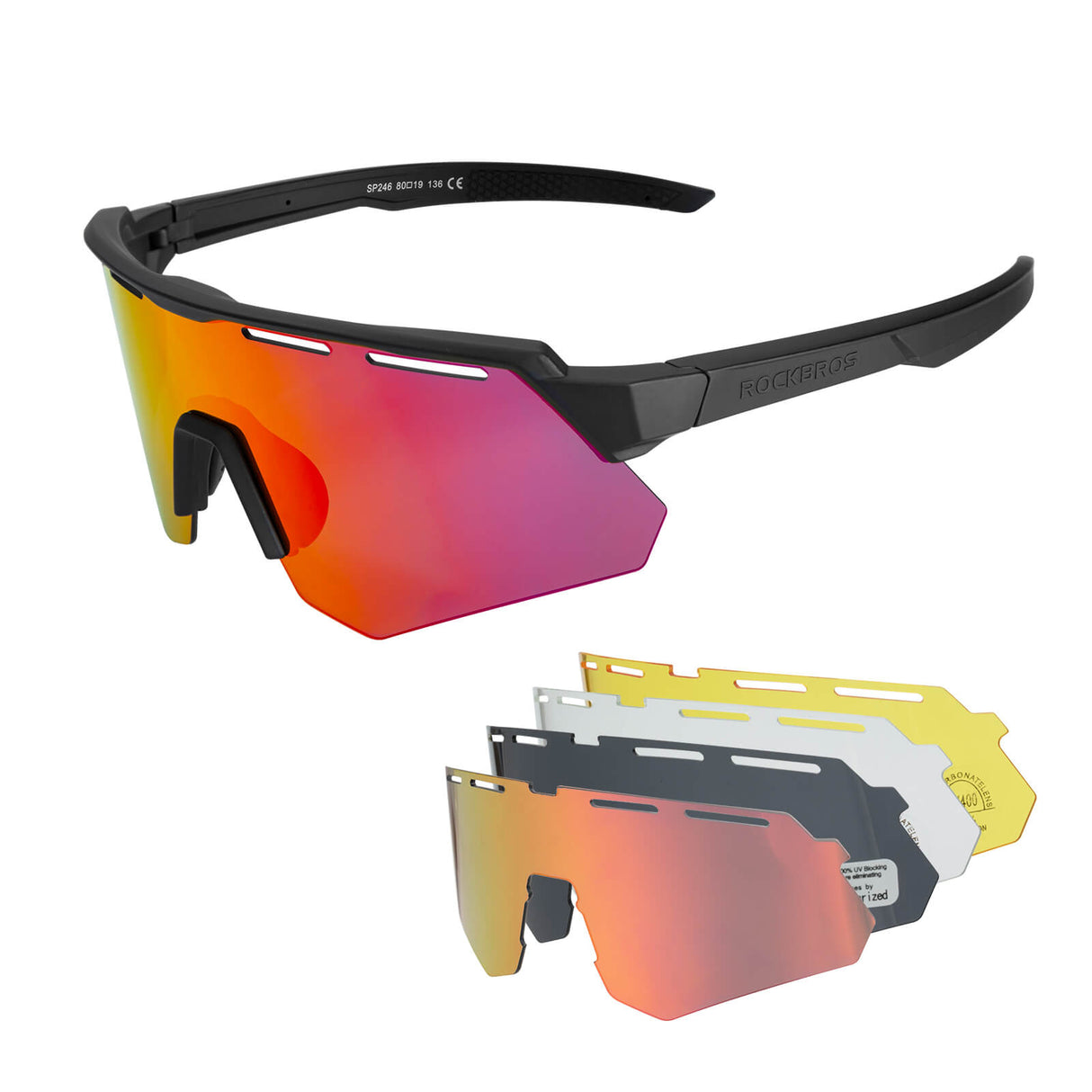 ROCKBROS Polaryzacyjne Okulary Rowerowe z 4 Wymiennymi Soczewkami Unisex-Czarny