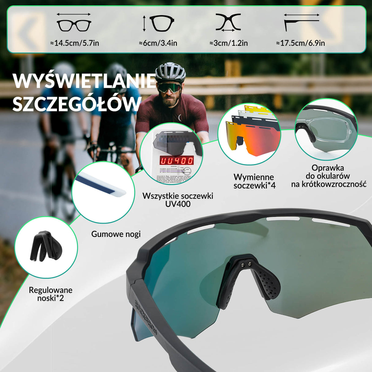 ROCKBROS Polaryzacyjne Okulary Rowerowe z 4 Wymiennymi Soczewkami Unisex-Czarny