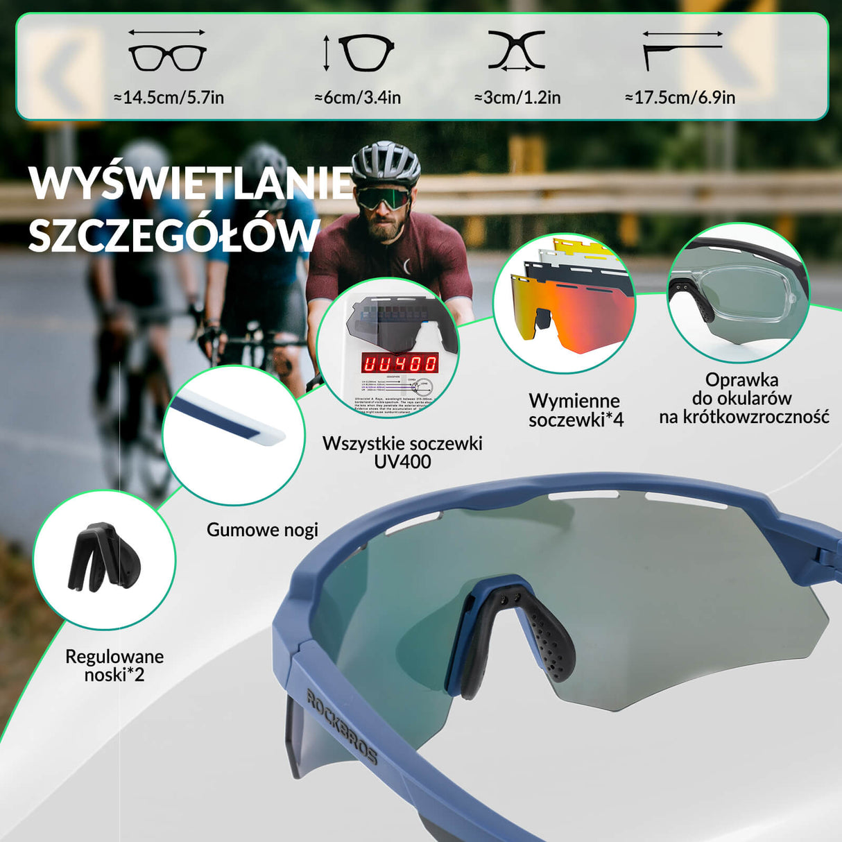 ROCKBROS Polaryzacyjne Okulary Rowerowe z 4 Wymiennymi Soczewkami Unisex-Navy
