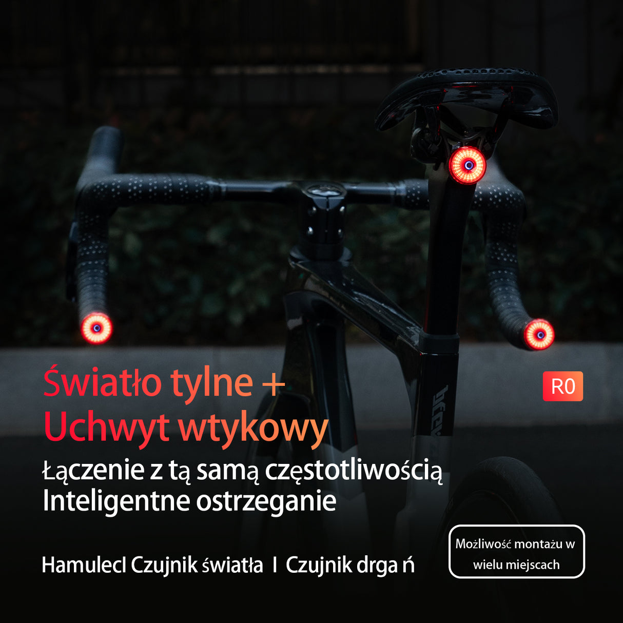  ROCKBROS R0 Inteligentne światło tylne z czujnikiem hamulców i uchwytem w formie zaślpeki kierownicy, wodoodporna, automatyczna synchronizacja