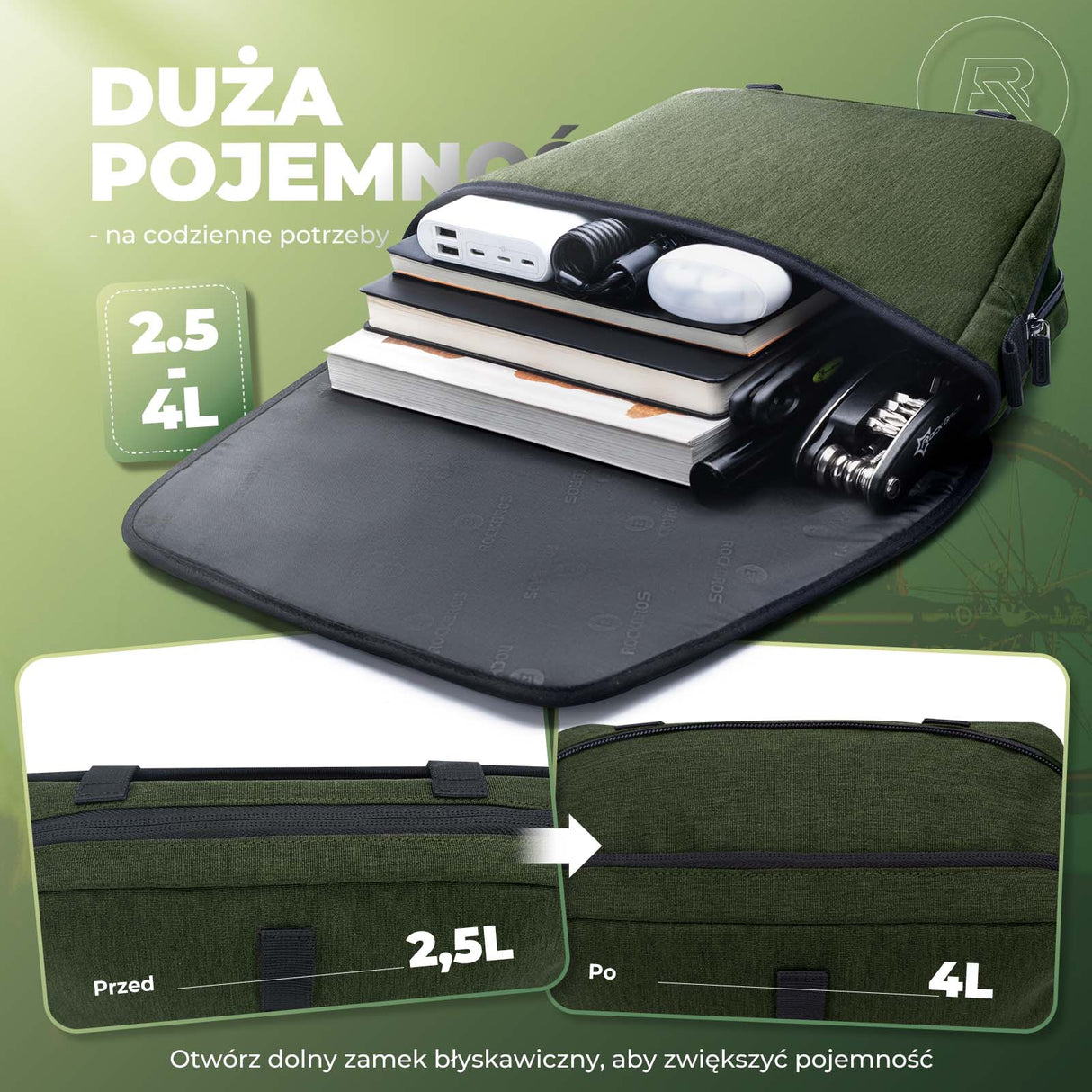 ROCKBROS Roweru Torba na Rower, na Kierownicę z Paskiem na Ramię Zielona 4L