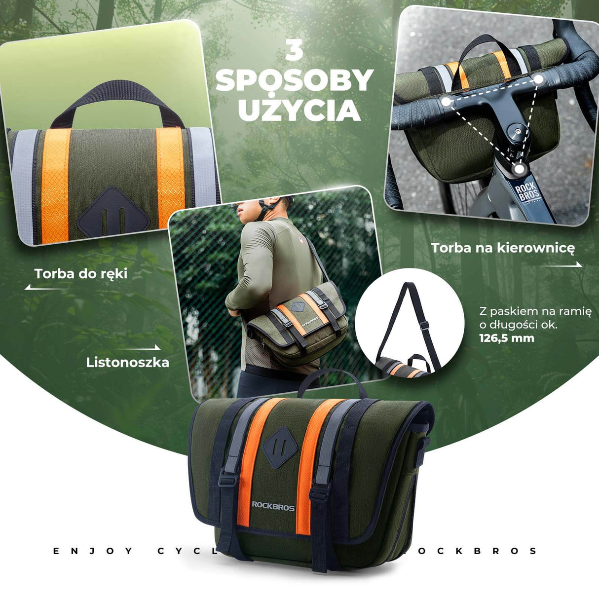 ROCKBROS Roweru Torba na Rower, na Kierownicę z Paskiem na Ramię Zielona 4L