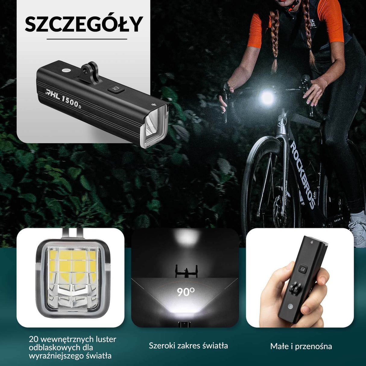 ROCKBROS Światła Rowerowe Wisząca + Uchwyt 5 Trybów 5000 mAh Wodoodporna