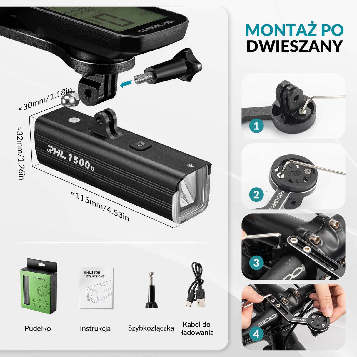 ROCKBROS Światła Rowerowe Wisząca + Uchwyt 5 Trybów 5000 mAh Wodoodporna