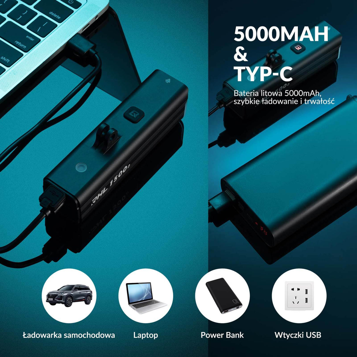 ROCKBROS Światła Rowerowe Wisząca + Uchwyt 5 Trybów 5000 mAh Wodoodporna