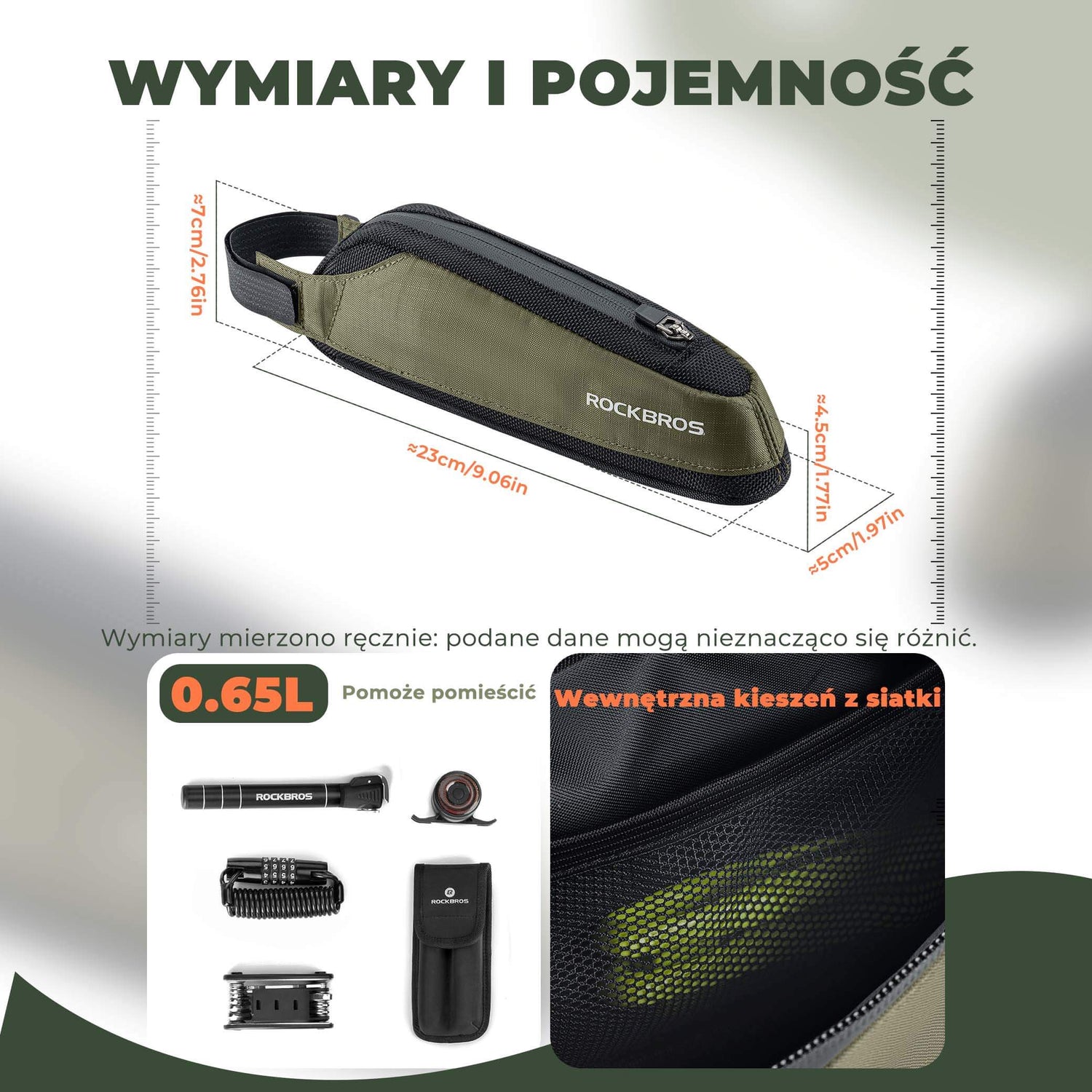 ROCKBROS Torba Rowerowa na Ramę Torby pod ramę Odblaskowa 0.65/1.4L Torby na ramę