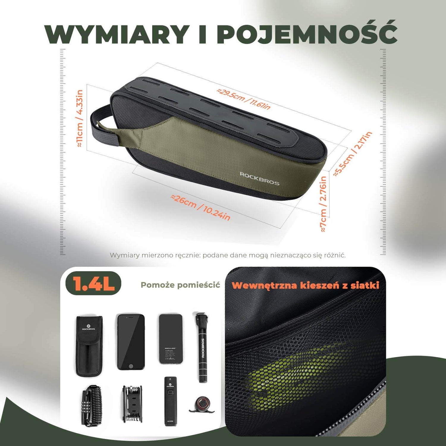 ROCKBROS Torba Rowerowa na Ramę Torby pod ramę Odblaskowa 0.65/1.4L Torby na ramę