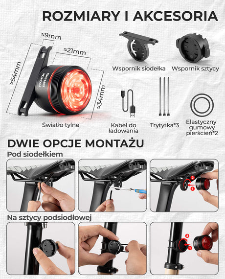 ROCKBROS Tylne Światło Rowerowe LED USB Wodoodporna Czerwone Światło Ostrzegawcze