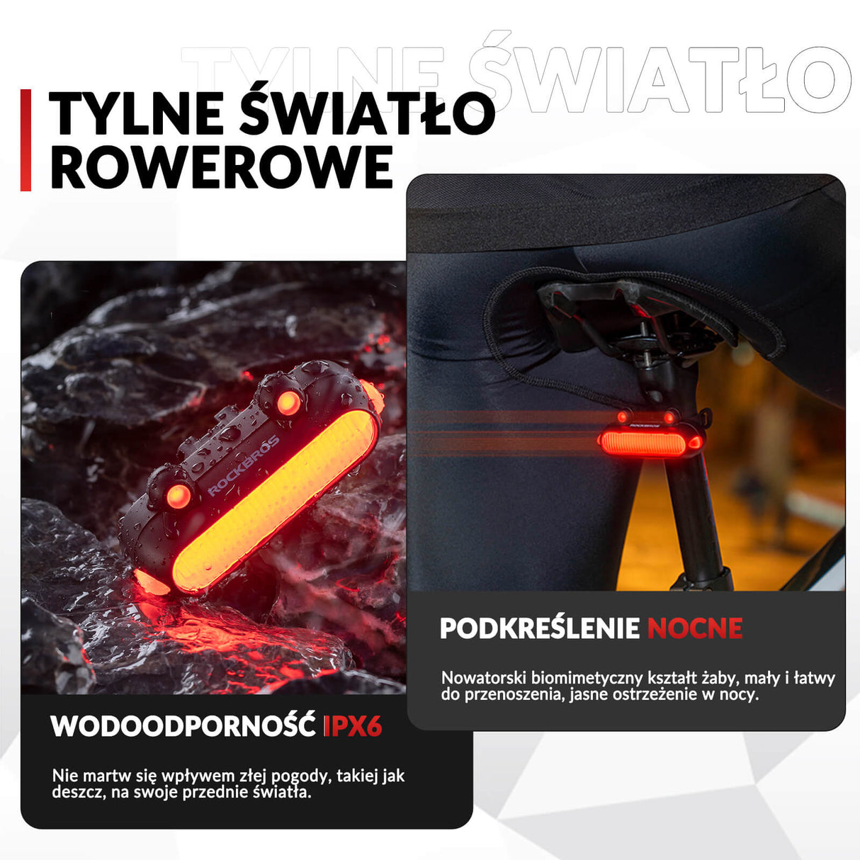 ROCKBROS Tylne Światło Rowerowe Żabka Wodoodporne 5 Trybów Szybkie Ładowanie