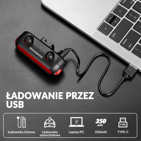 ROCKBROS Tylne Światło Rowerowe Żabka Wodoodporne 5 Trybów Szybkie Ładowanie