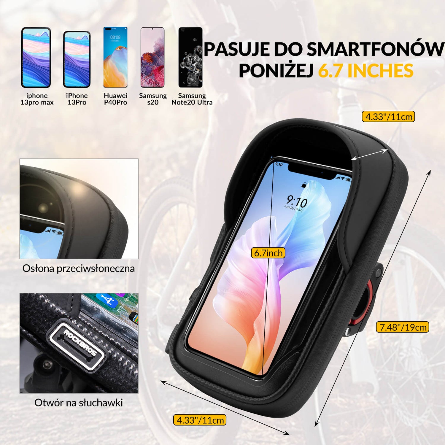 ROCKBROS Wodoodporna Torba Rowerowa na Telefon 6,7" Obrót 360° Torby z uchwytem na telefon