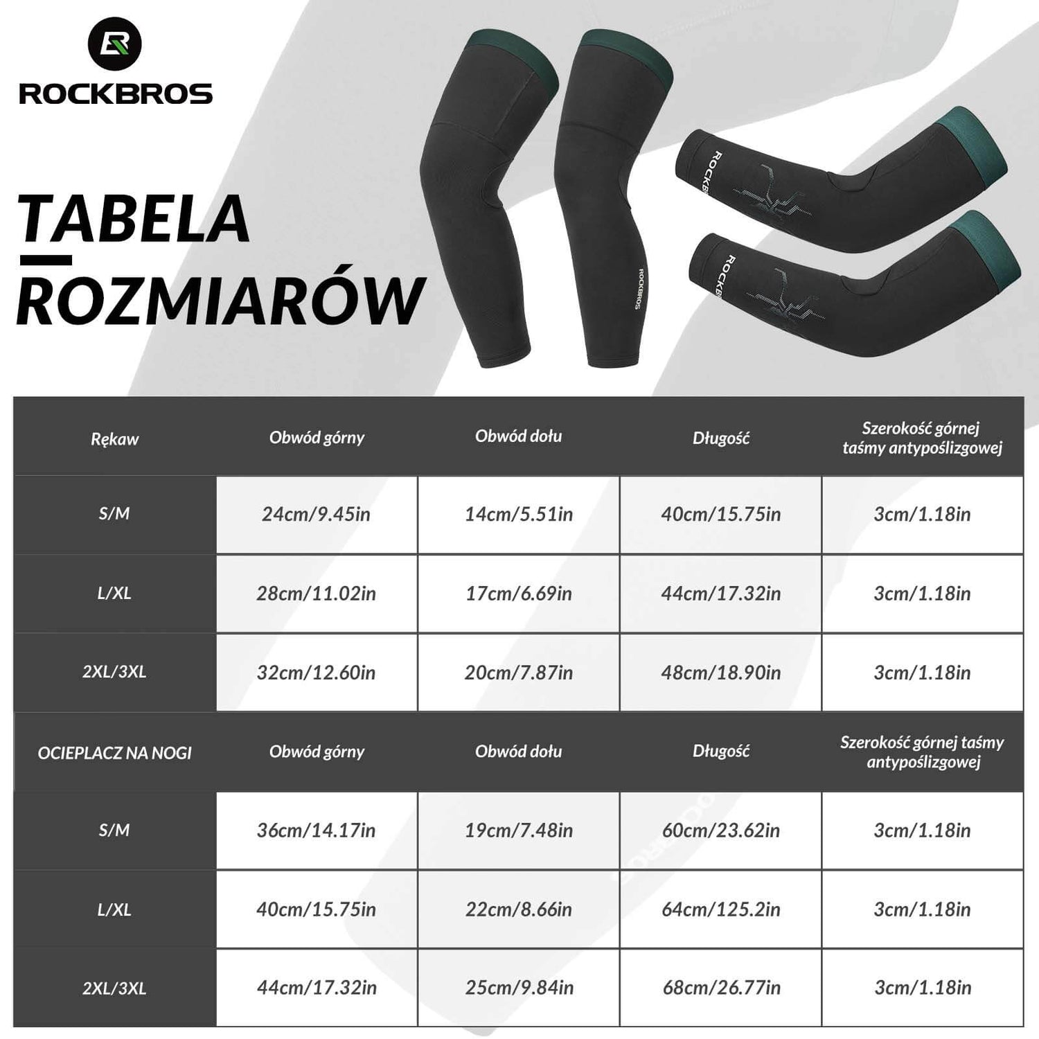 ROCKBROS Zimowe Ocieplacze na Ręce i Nogi Termiczne Antypoślizgowe Unisex S-3XL-Czarny-zielony- długi