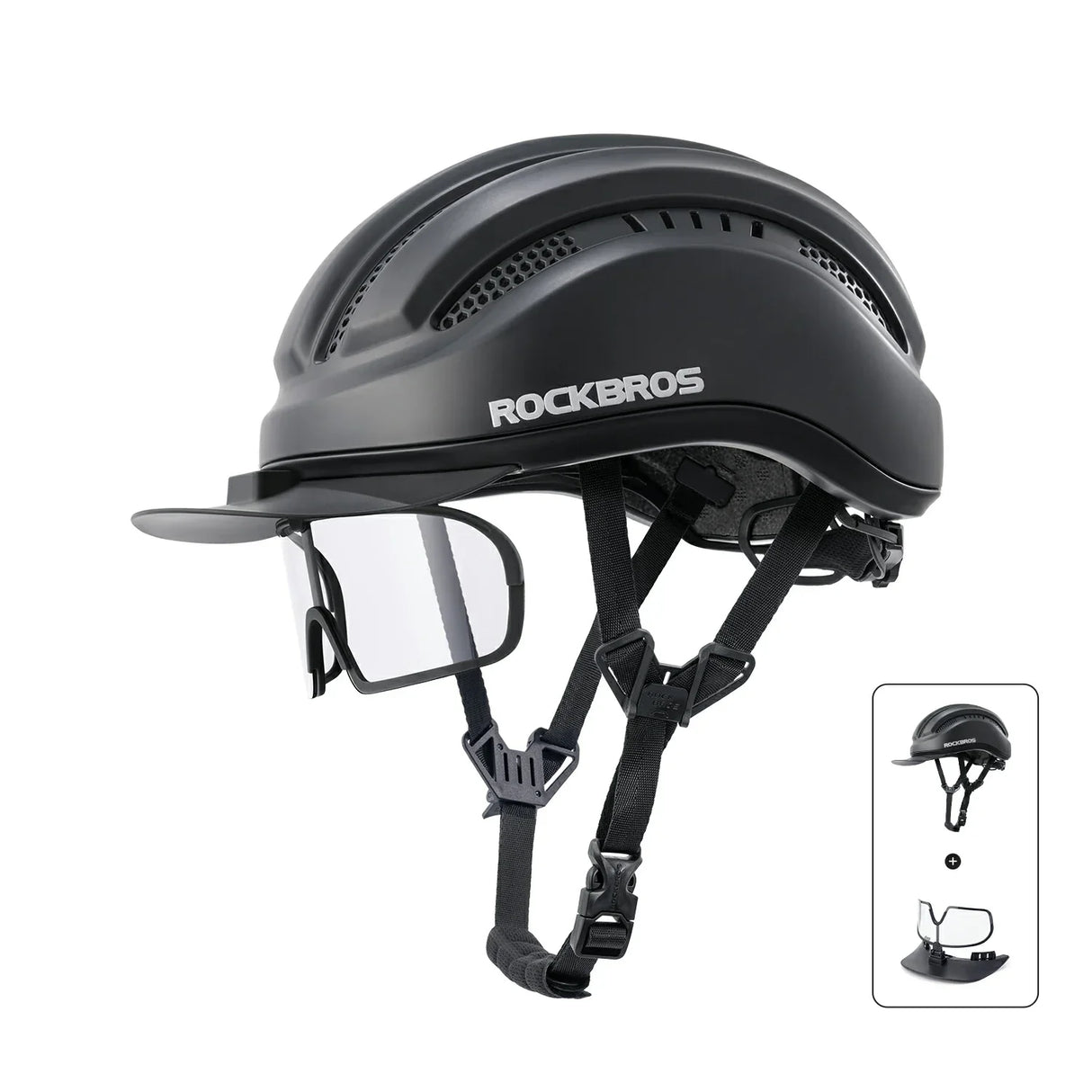 ROCKBROS Kask Rowerowy Rekreacyjny Zdejmowany Daszek I Gogle Magnetyczne-ZK-099 KaskiCzarny+okulary ochronne