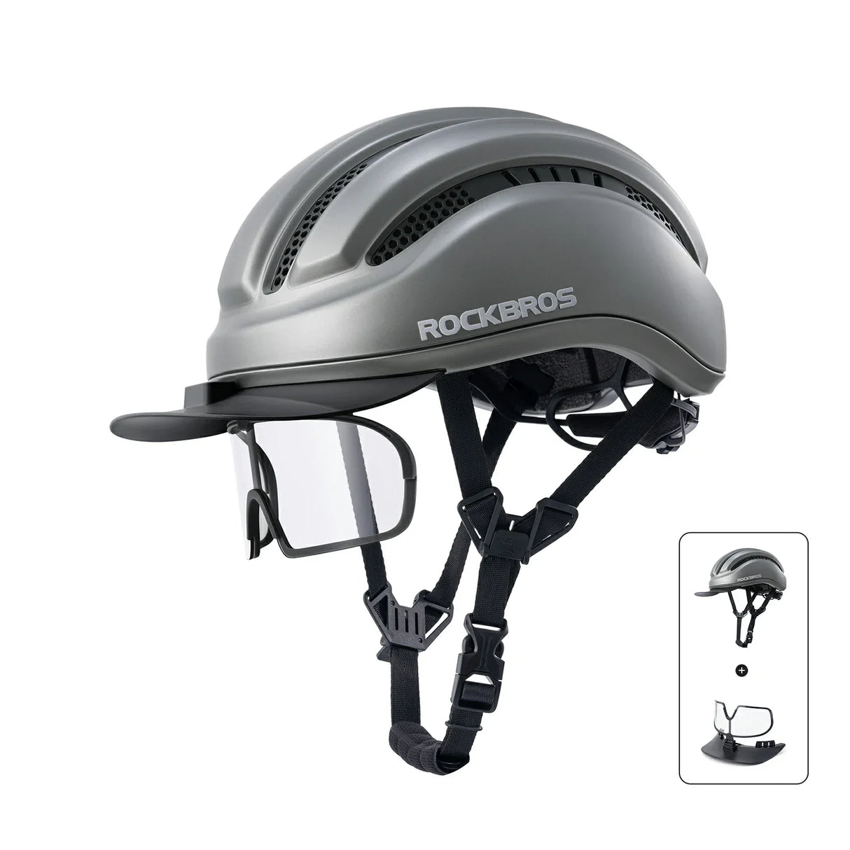 ROCKBROS Kask Rowerowy Rekreacyjny Zdejmowany Daszek I Gogle Magnetyczne-ZK-099 KaskiSzary+okulary ochronne