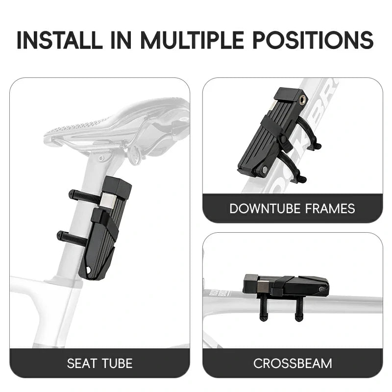 Bicycle lock mount installation guide showing seat tube, downtube frames, and crossbeam positions.