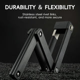 Black metal folding tool with text about durability and flexibility on a dark background