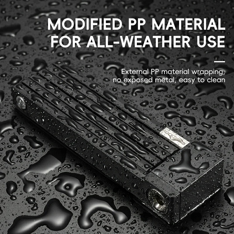 Black lock with 'Modified PP Material for All-Weather Use' text on a wet surface.