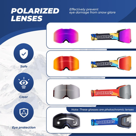 ROCKBROS ROCKBROS Okulary Narciarskie Gogle, Polaryzacyjne, Przeciwmgielne, Jasne i Szerokie Widzenia, Niełatwe do Złamania, Regulowany Pałąk, Wygodne, Uniwersalne, Niebieski Gogle narciarskie