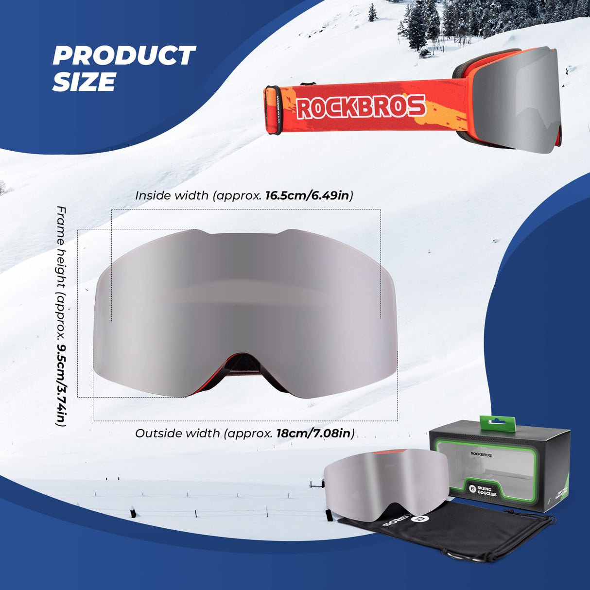 ROCKBROS ROCKBROS Okulary Narciarskie Gogle, Polaryzacyjne, Przeciwmgielne, Jasne i Szerokie Widzenia, Niełatwe do Złamania, Regulowany Pałąk, Wygodne, Uniwersalne, Niebieski Gogle narciarskie